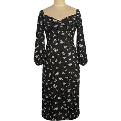 Ladies printed viscose woven dress with lace trim