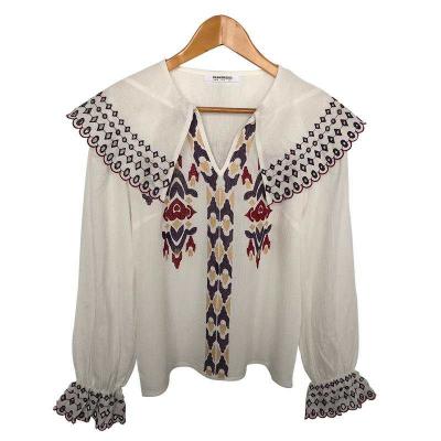 Ladies emboridery woven top with neck tie