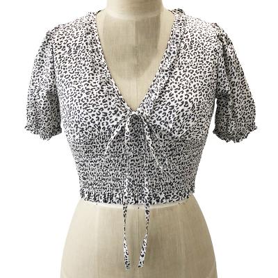 Ladies leopard printed short top with smocked hem