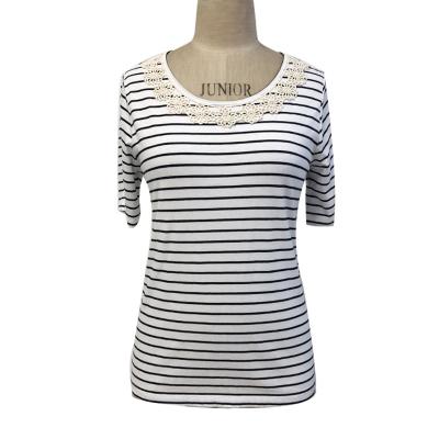 Ladies modal stripe round neck top with neck lace trim