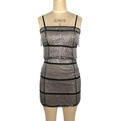 Ladies sequins full embroidery mesh suits with metal tassels